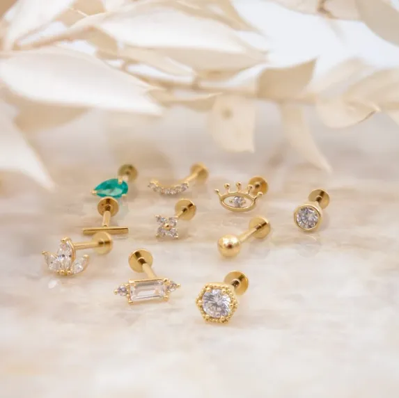 14k Gold Curved Bar CZ Flat Screwback Single Stud