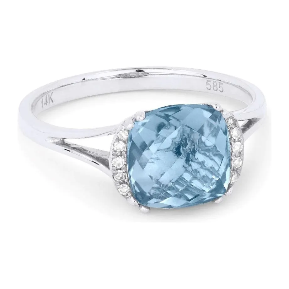 14K White Gold Cushion Gemstone and Diamond Ring