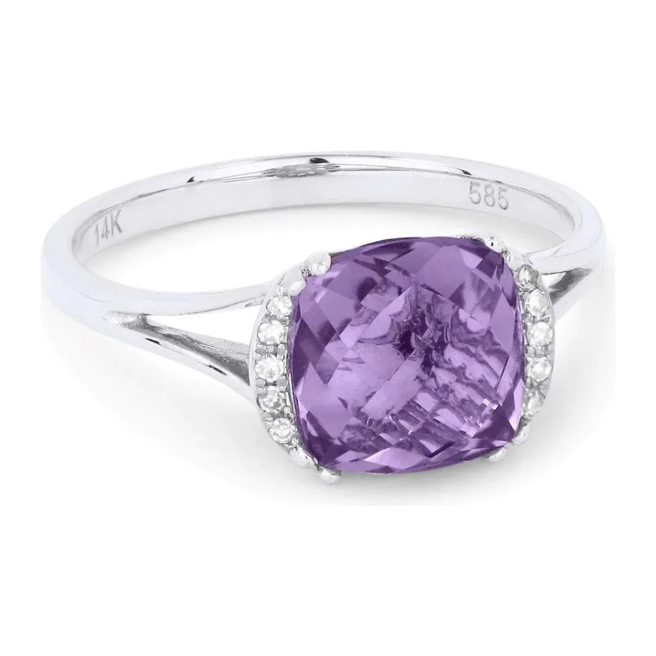14K White Gold Cushion Gemstone and Diamond Ring