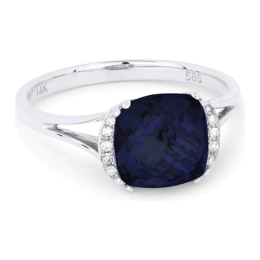14K White Gold Cushion Gemstone and Diamond Ring