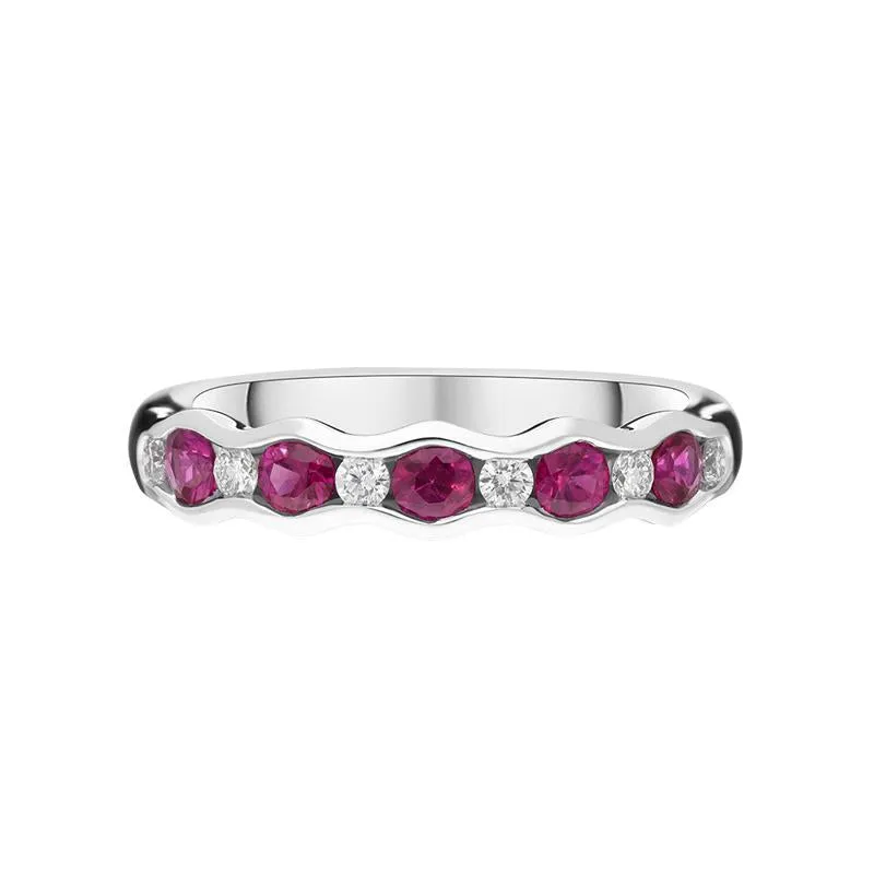 18ct White Gold 0.48ct Ruby Diamond Half Eternity Wave Ring