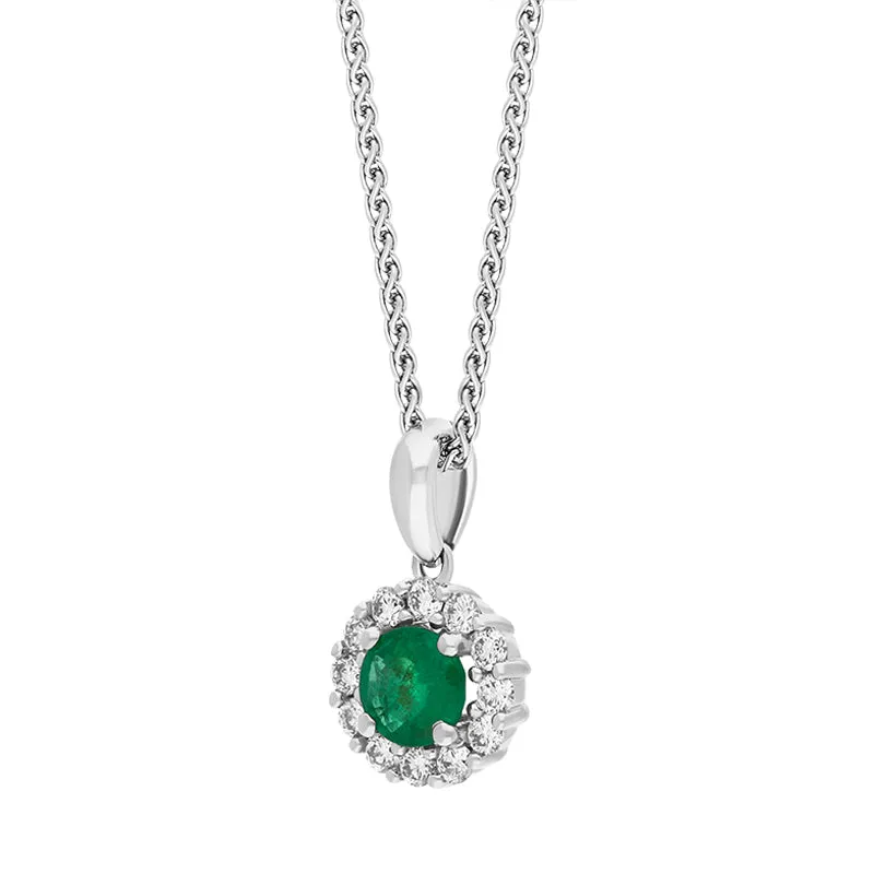 18ct White Gold Emerald Diamond Round Cluster Pendant