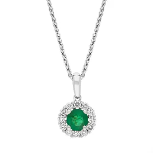 18ct White Gold Emerald Diamond Round Cluster Pendant