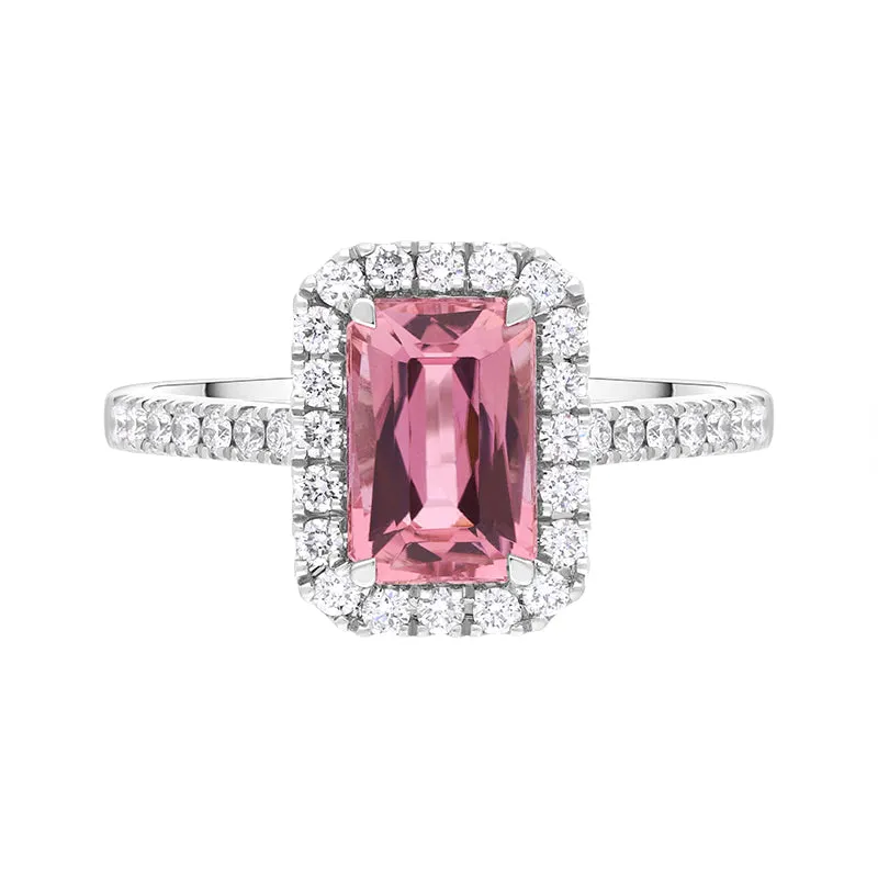 18ct White Gold Pink Tourmaline Diamond Shoulder Set Cluster Ring