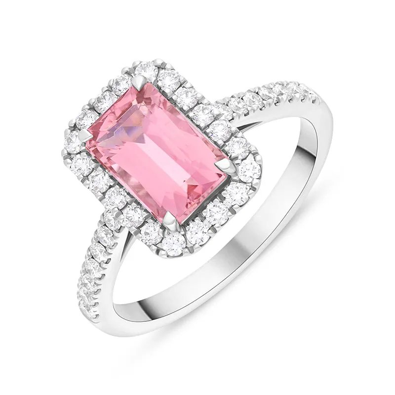 18ct White Gold Pink Tourmaline Diamond Shoulder Set Cluster Ring