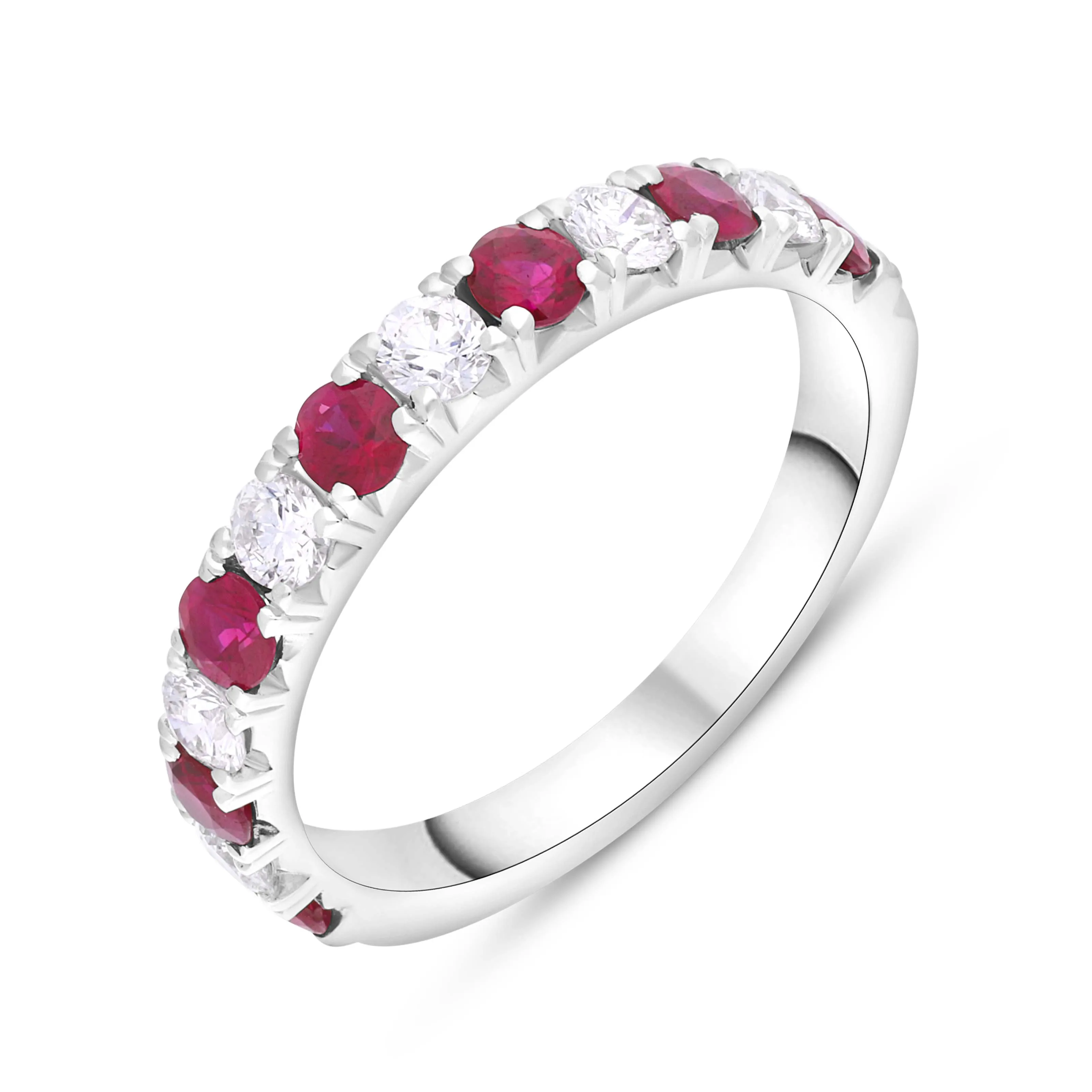 18ct White Gold Ruby Diamond Castle Claw Set Half Eternity Ring