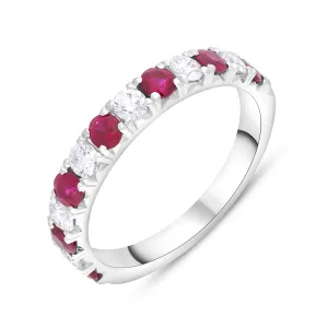 18ct White Gold Ruby Diamond Castle Claw Set Half Eternity Ring