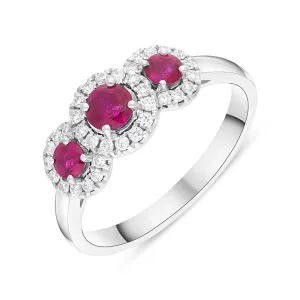 18ct White Gold Ruby Diamond Round Cut Three Stone Cluster Ring