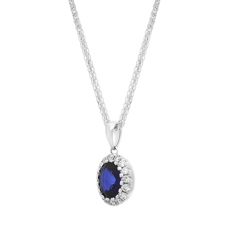 18ct White Gold Sapphire Diamond Pave Oval Pendant