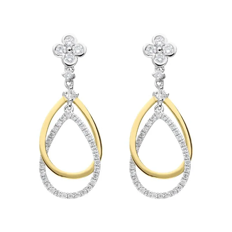 18ct Yellow Gold 0.35ct Diamond Flower Top Pear Drop Earrings