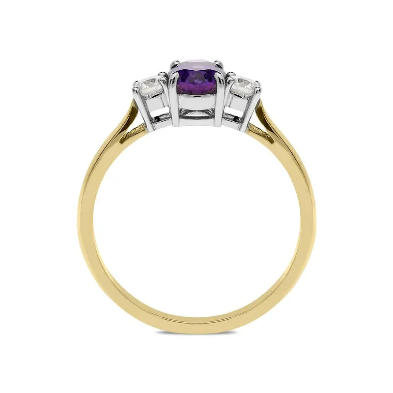 18ct Yellow Gold 0.66ct Amethyst Diamond Oval Trilogy Ring