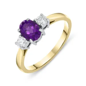 18ct Yellow Gold 0.66ct Amethyst Diamond Oval Trilogy Ring