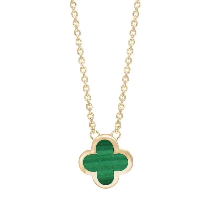 18ct Yellow Gold Malachite Bloom Small Four Leaf Clover Polished Edge Pendant