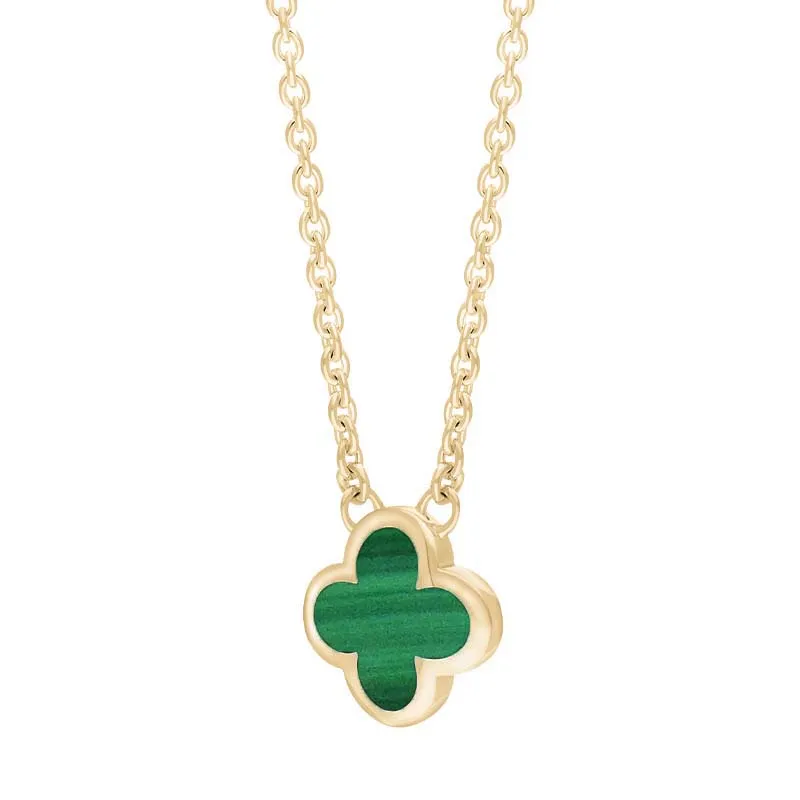 18ct Yellow Gold Malachite Bloom Small Four Leaf Clover Polished Edge Pendant