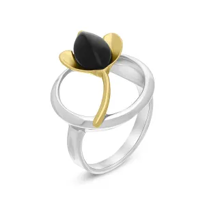 18ct Yellow Gold Plated Sterling Silver Whitby Jet Open Circle Leaf Ring