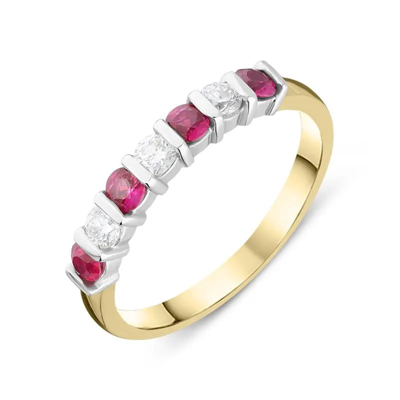 18ct Yellow Gold Ruby Diamond Bar Set Half Eternity Ring