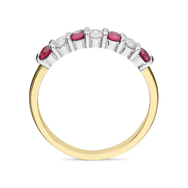 18ct Yellow Gold Ruby Diamond Bar Set Half Eternity Ring