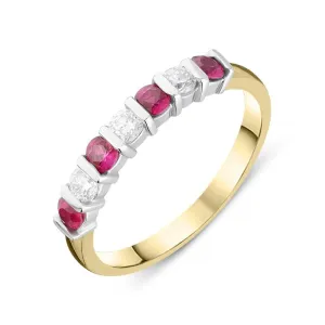 18ct Yellow Gold Ruby Diamond Bar Set Half Eternity Ring