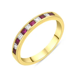 18ct Yellow Gold Ruby Diamond Eleven Stone Princess Cut Channel Set Ring