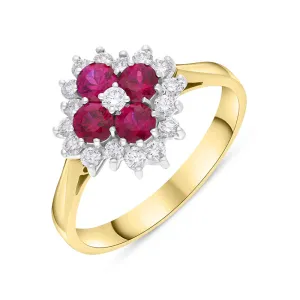 18ct Yellow Gold Ruby Diamond Floral Cluster Ring