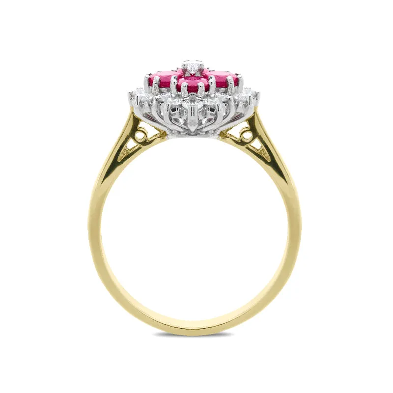 18ct Yellow Gold Ruby Diamond Floral Cluster Ring