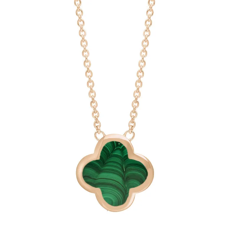 9ct Rose Gold Malachite Bloom Large Four Leaf Clover Polished Edge Pendant