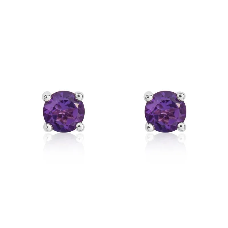 9ct White Gold Amethyst 4mm Round Claw Set Stud Earrings