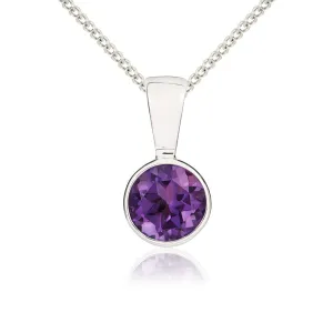 9ct White Gold Amethyst 5mm Round Rub Over Set Necklace