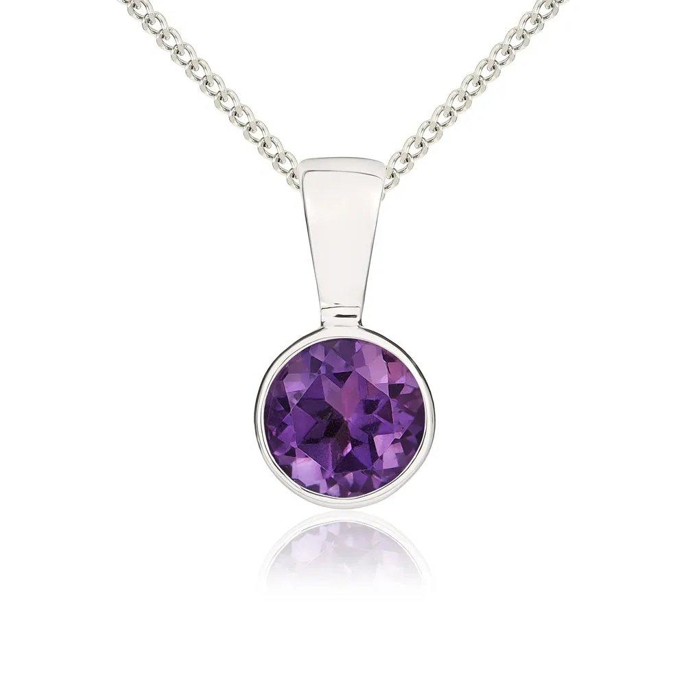 9ct White Gold Amethyst 5mm Round Rub Over Set Necklace