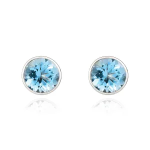9ct White Gold Aquamarine 5mm Round Rub Over Set Stud Earrings