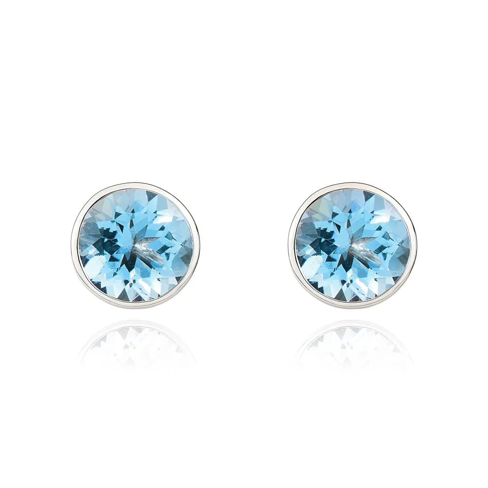 9ct White Gold Aquamarine 5mm Round Rub Over Set Stud Earrings
