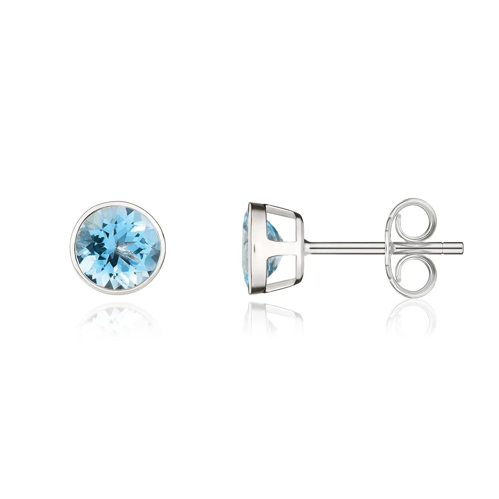 9ct White Gold Aquamarine 5mm Round Rub Over Set Stud Earrings