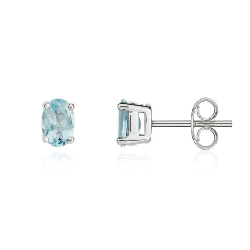 9ct White Gold Aquamarine 6x4mm Oval Claw Set Stud Earrings