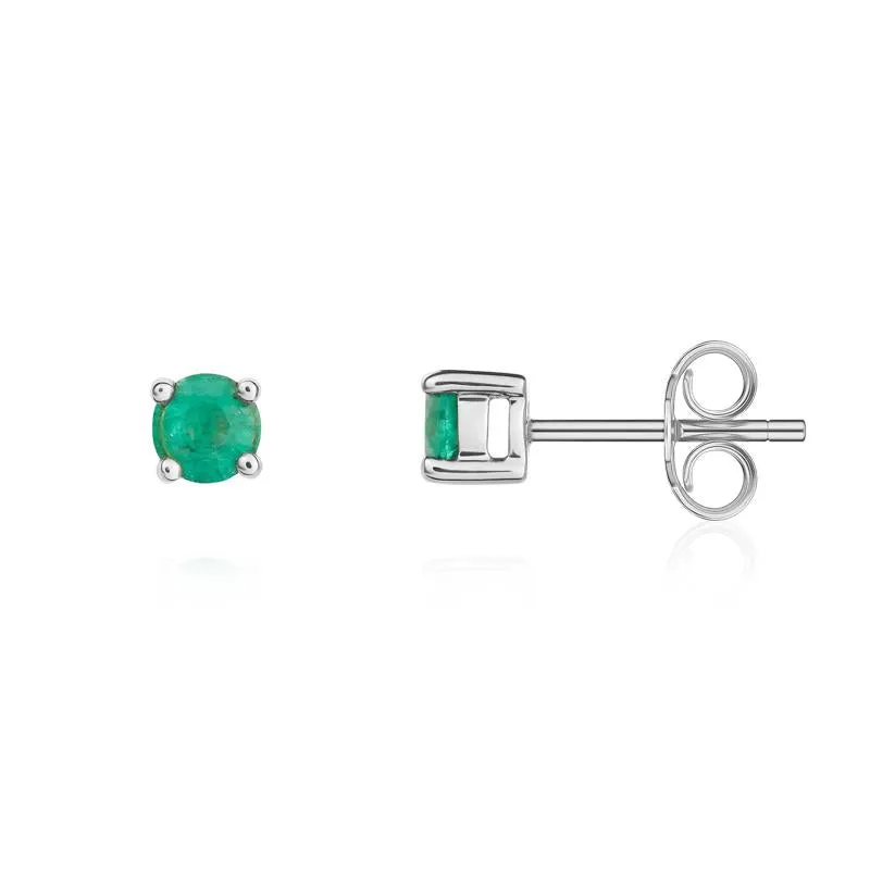 9ct White Gold Emerald 4mm Round Claw Set Stud Earrings