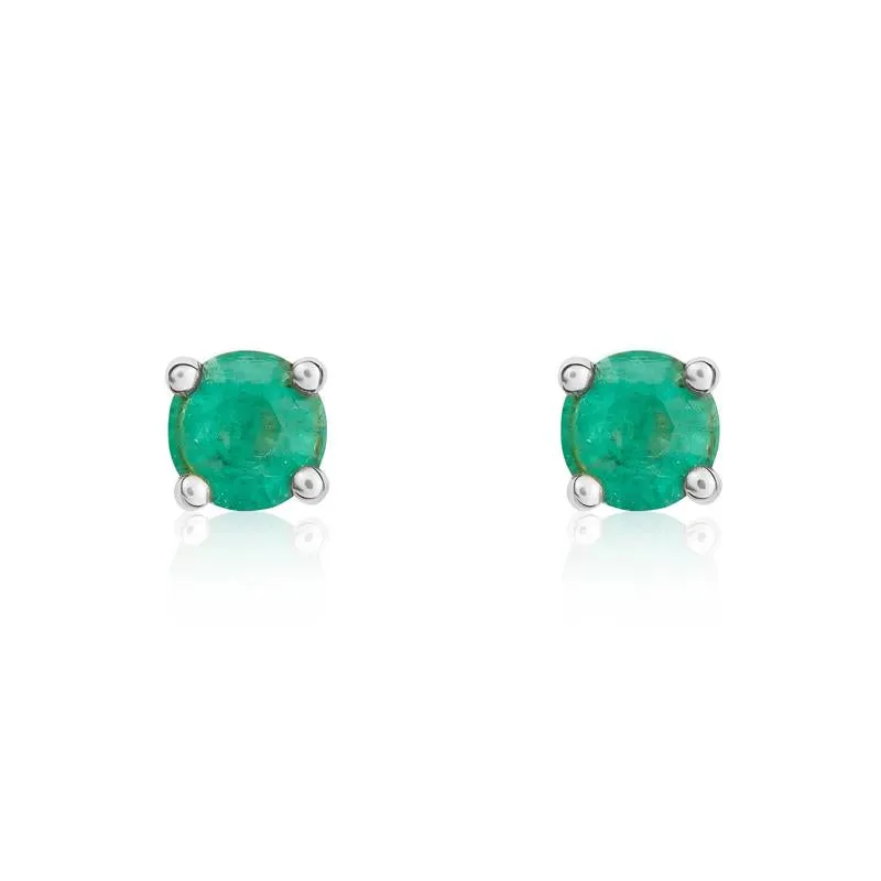 9ct White Gold Emerald 4mm Round Claw Set Stud Earrings