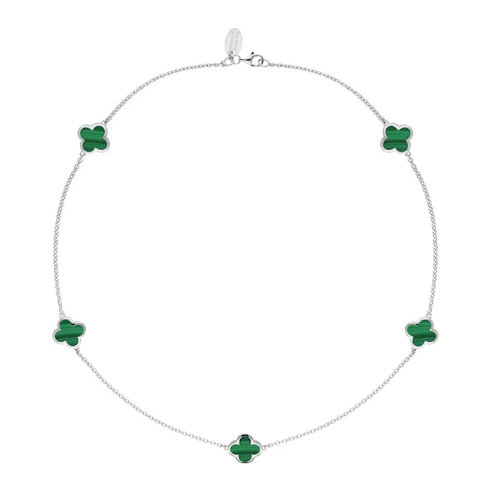 9ct White Gold Malachite Bloom Four Leaf Clover Necklace
