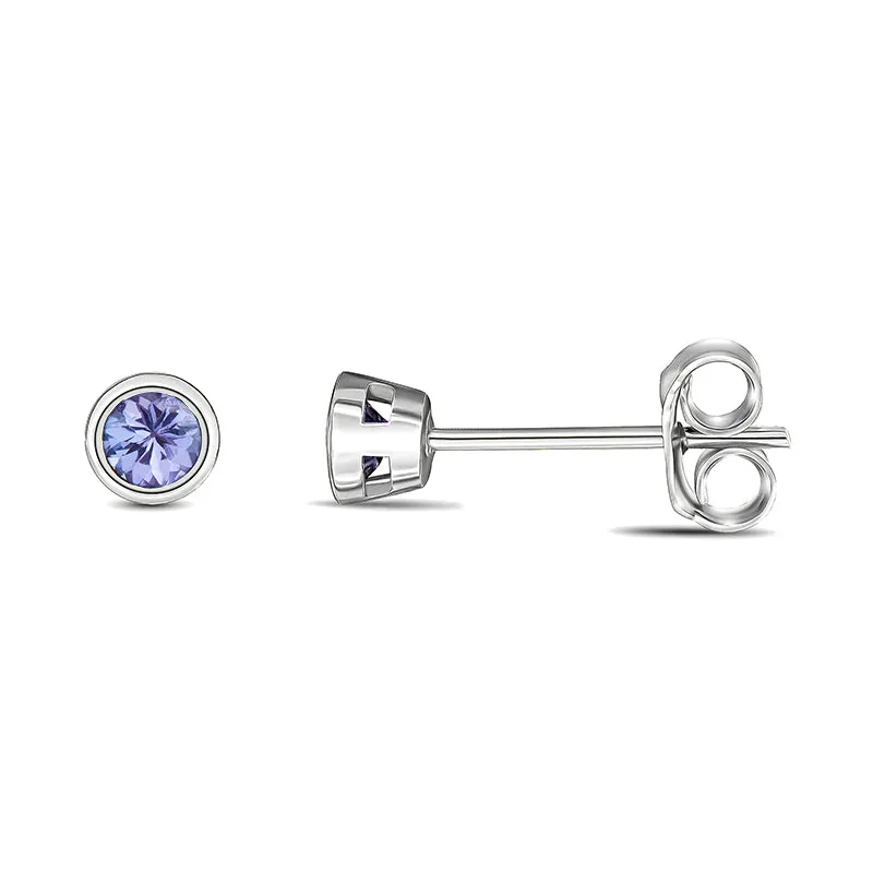 9ct White Gold Tanzanite 3mm Round Rub Over Set Stud Earrings
