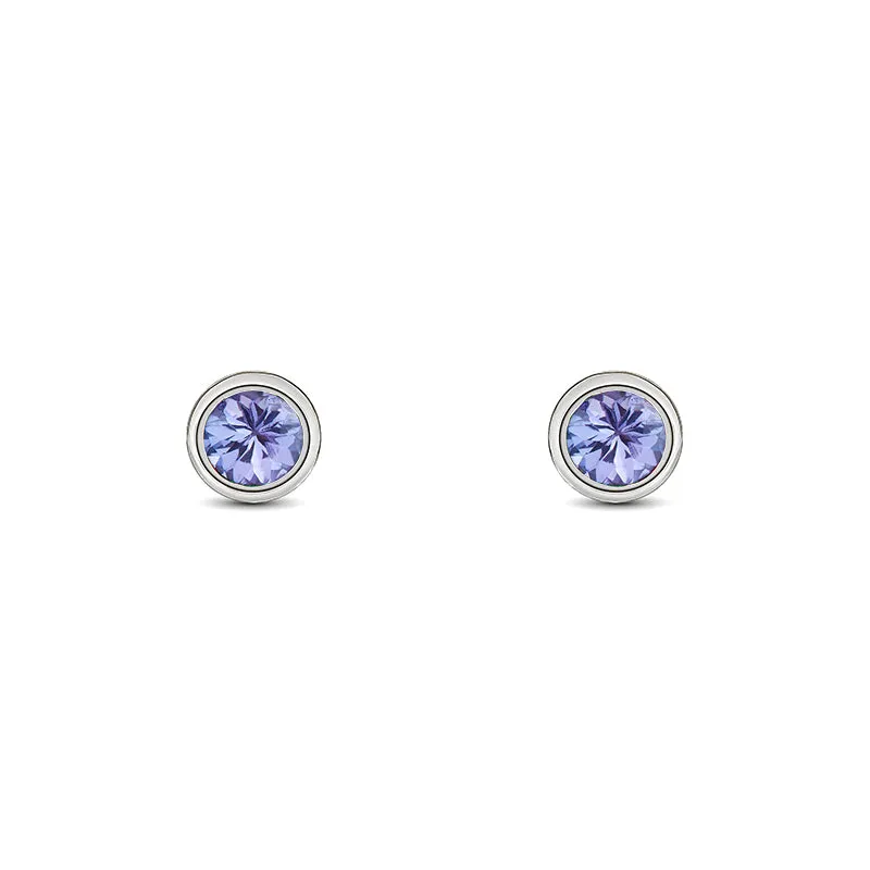 9ct White Gold Tanzanite 3mm Round Rub Over Set Stud Earrings