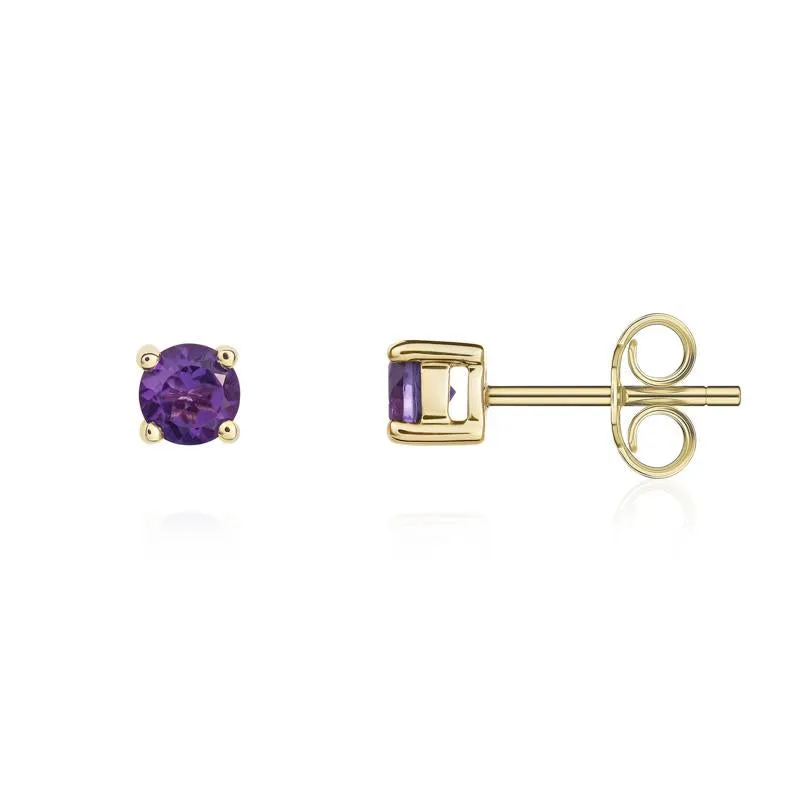 9ct Yellow Gold Amethyst 4mm Round Claw Set Stud Earrings