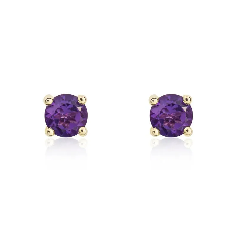 9ct Yellow Gold Amethyst 4mm Round Claw Set Stud Earrings