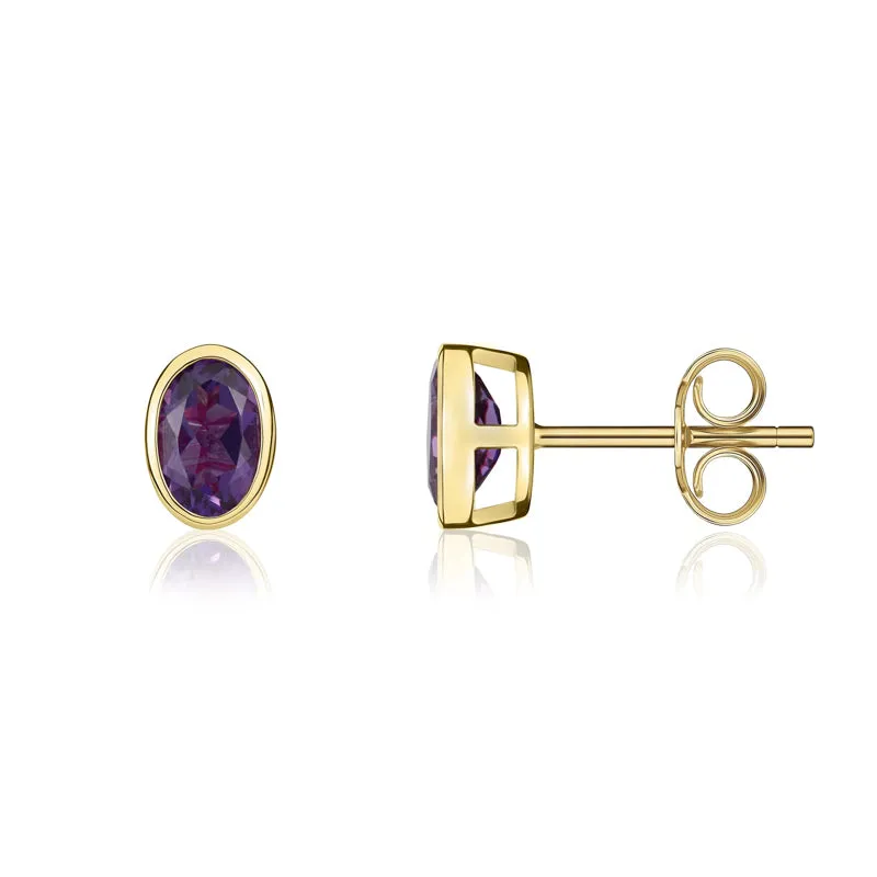 9ct Yellow Gold Amethyst 6x4mm Oval Rub Over Set Stud Earrings
