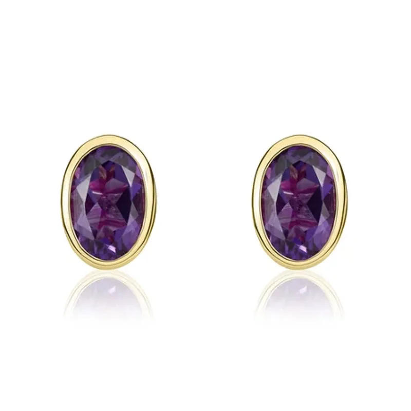9ct Yellow Gold Amethyst 6x4mm Oval Rub Over Set Stud Earrings