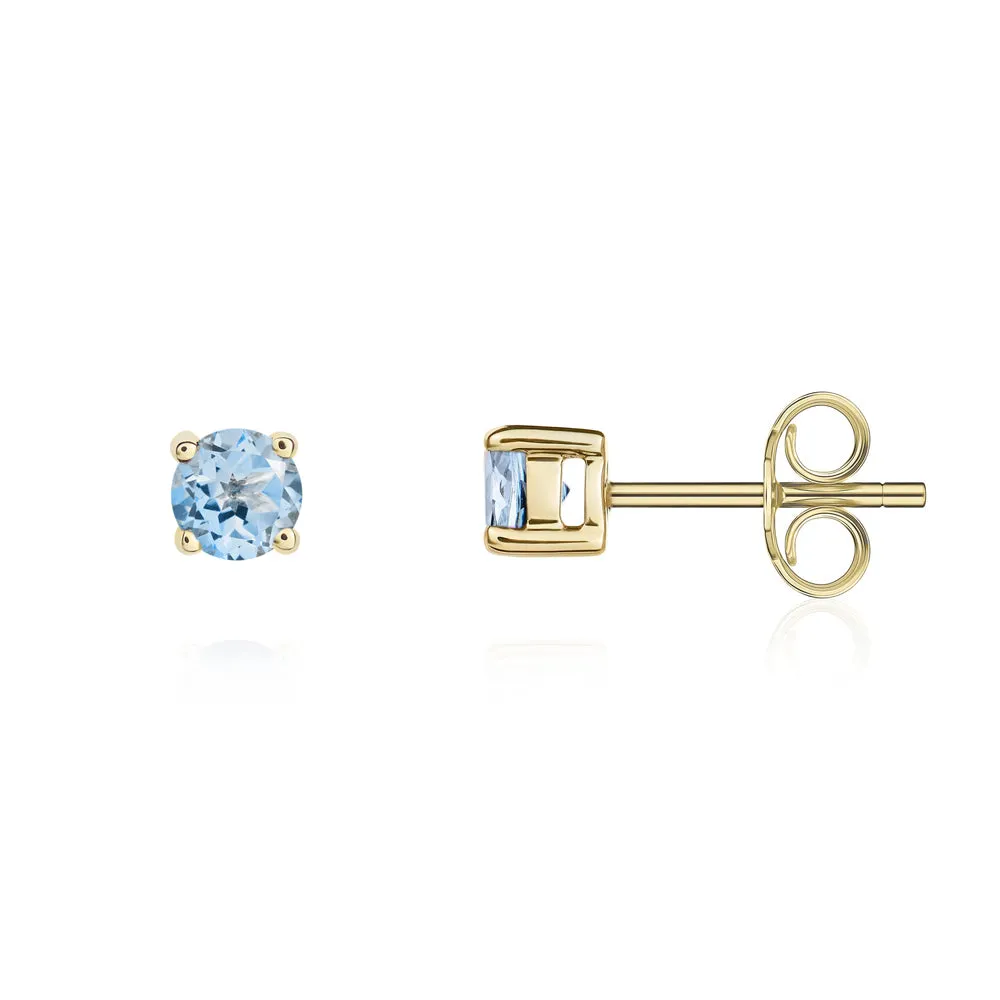 9ct Yellow Gold Aquamarine 4mm Round Claw Set Stud Earrings