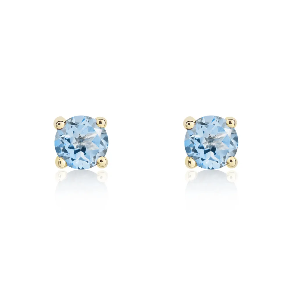 9ct Yellow Gold Aquamarine 4mm Round Claw Set Stud Earrings