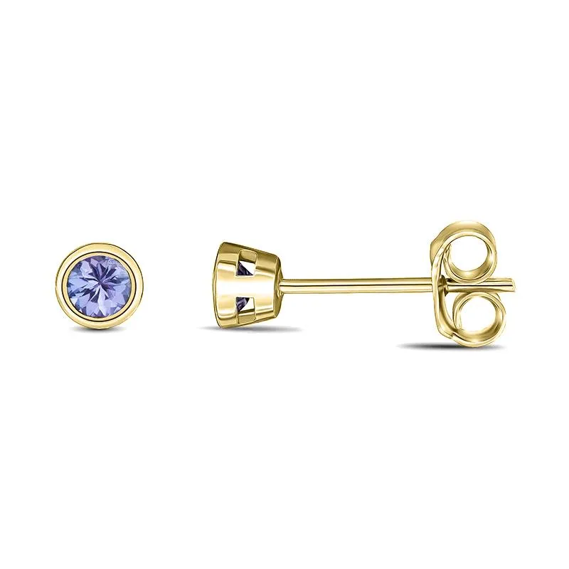 9ct Yellow Gold Tanzanite 3mm Round Rub Over Set Stud Earrings