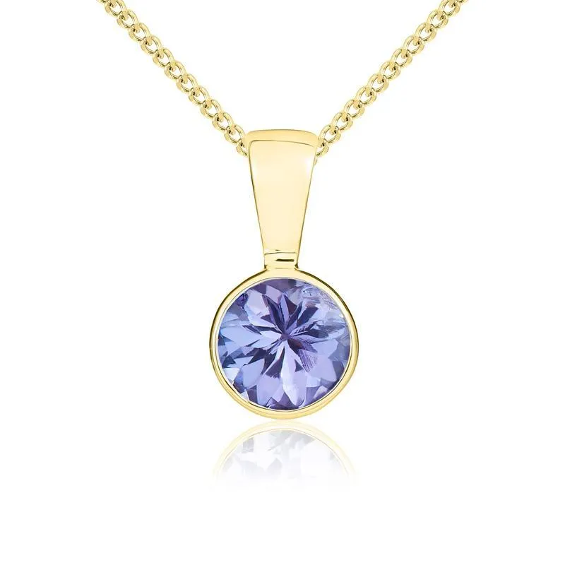 9ct Yellow Gold Tanzanite 5mm Round Rub Over Set Pendant and Stud Earrings Set