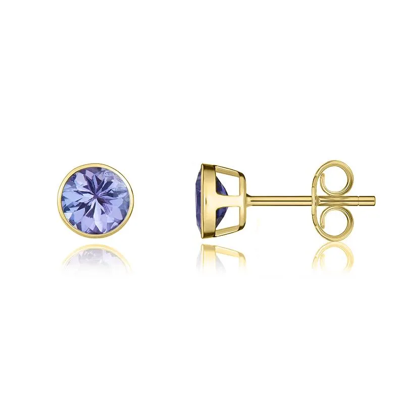9ct Yellow Gold Tanzanite 5mm Round Rub Over Set Pendant and Stud Earrings Set