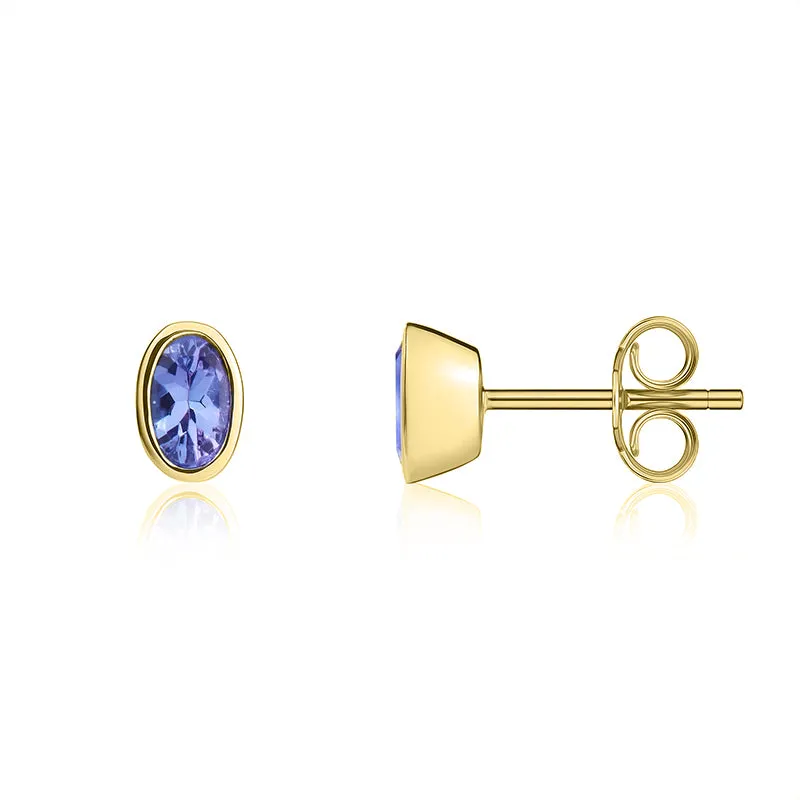 9ct Yellow Gold Tanzanite 5x3mm Oval Rub Over Set Stud Earrings