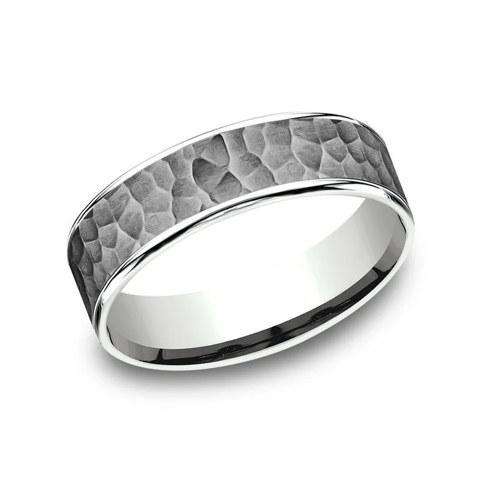 Benchmark Tantalum and 14k White Gold 6.5mm Hammered Finish Wedding Band