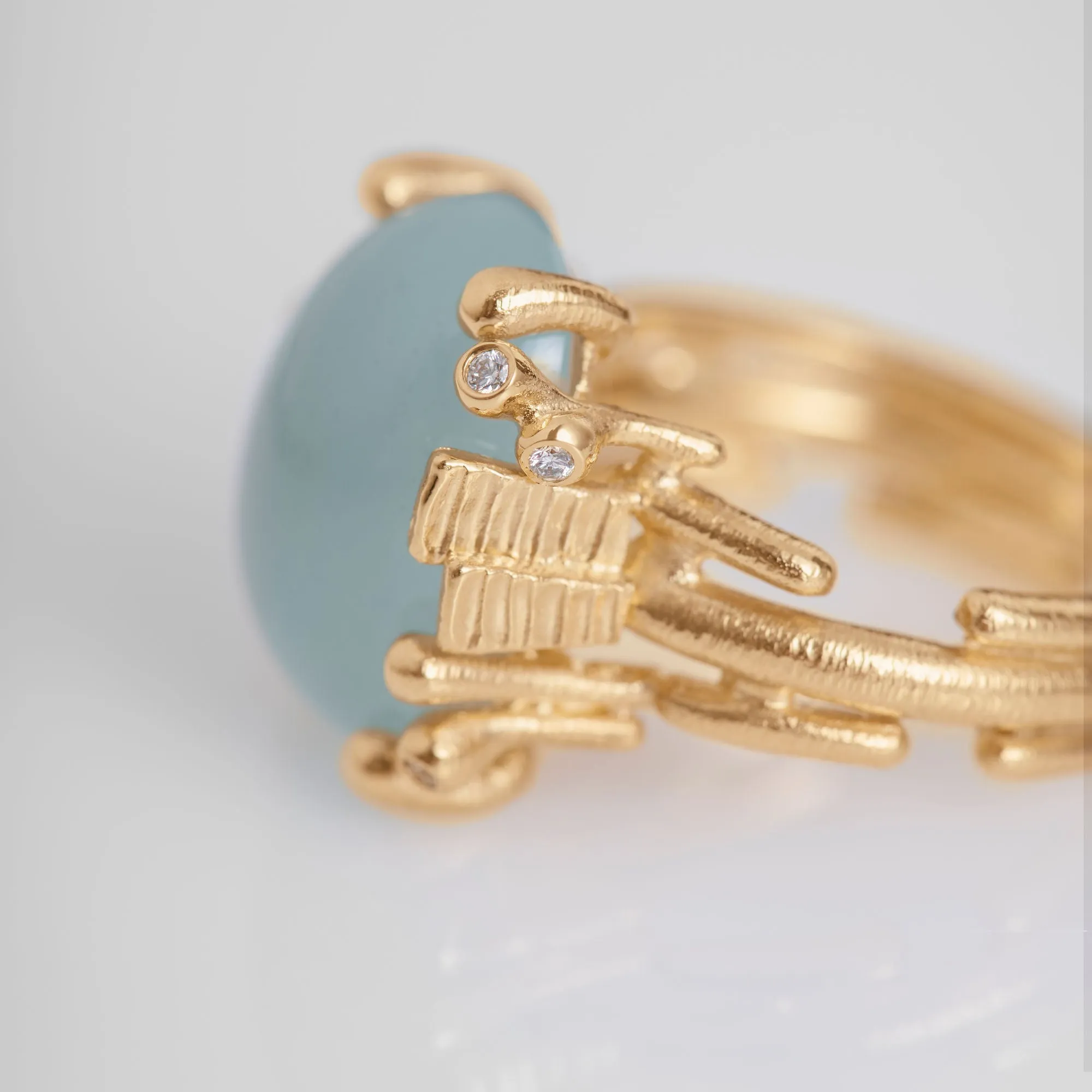 BoHo Medium 18K Gold Ring w. Diamonds & Aquamarine